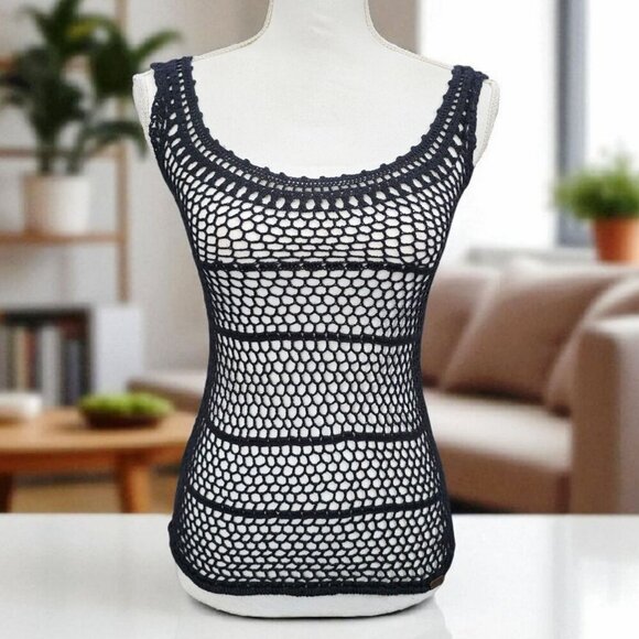 Roxy Crochet Tank ✦ Black Open-Knit Mesh ✦ Scoop Neck Boho Festival Layering XS - Picture 1 of 7